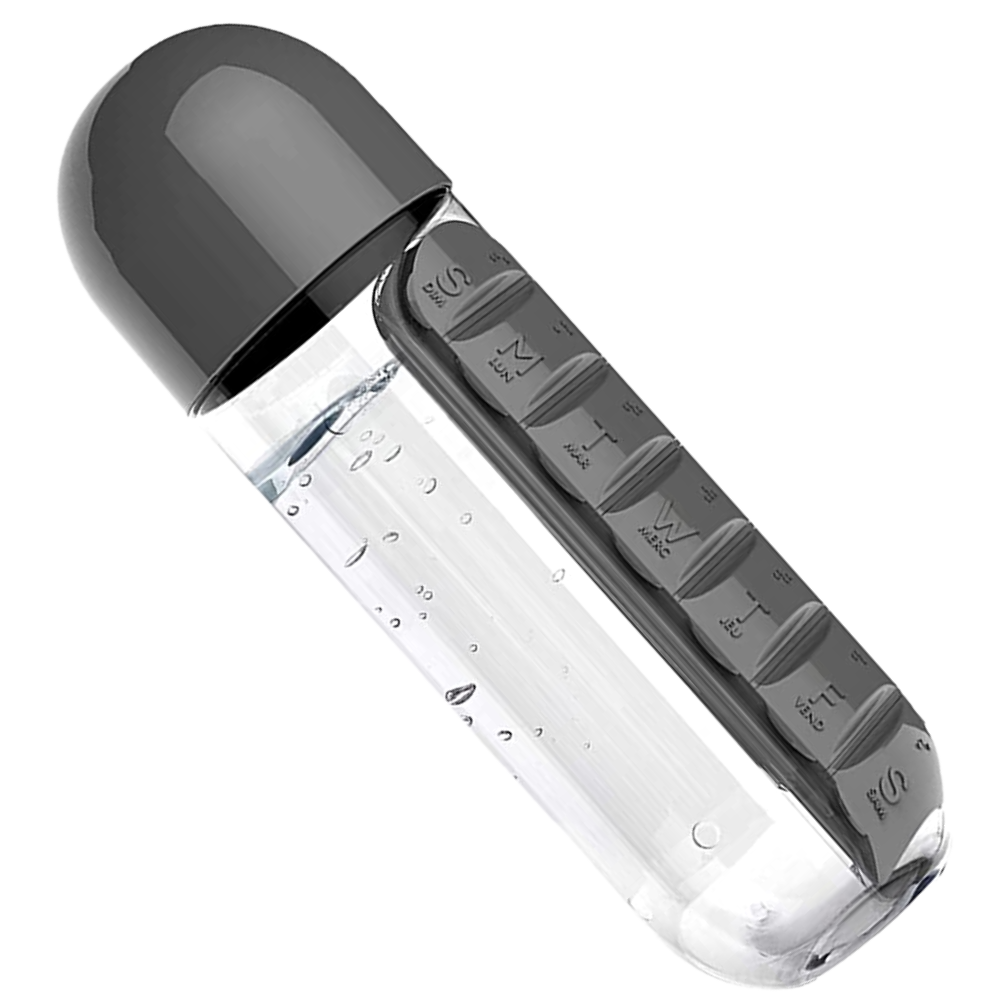 Bouteille d'eau en plastique avec pilulier