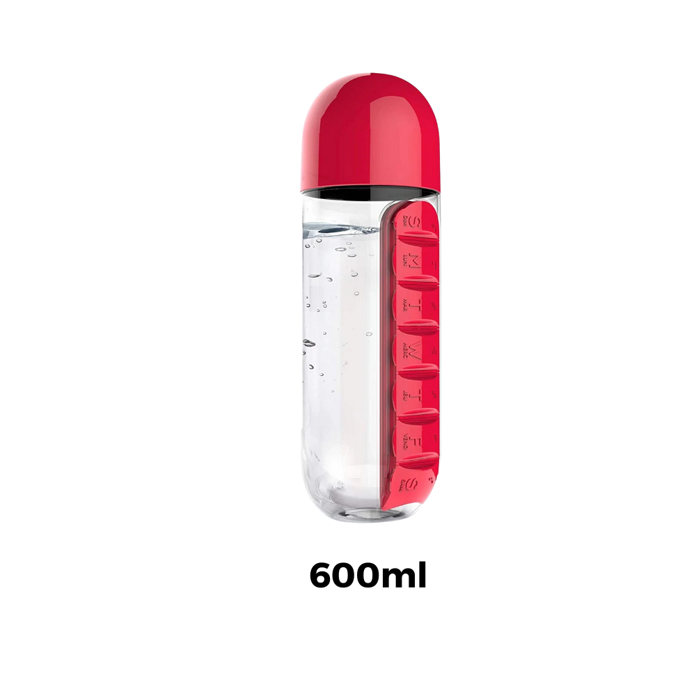 Bouteille d'eau en plastique avec pilulier