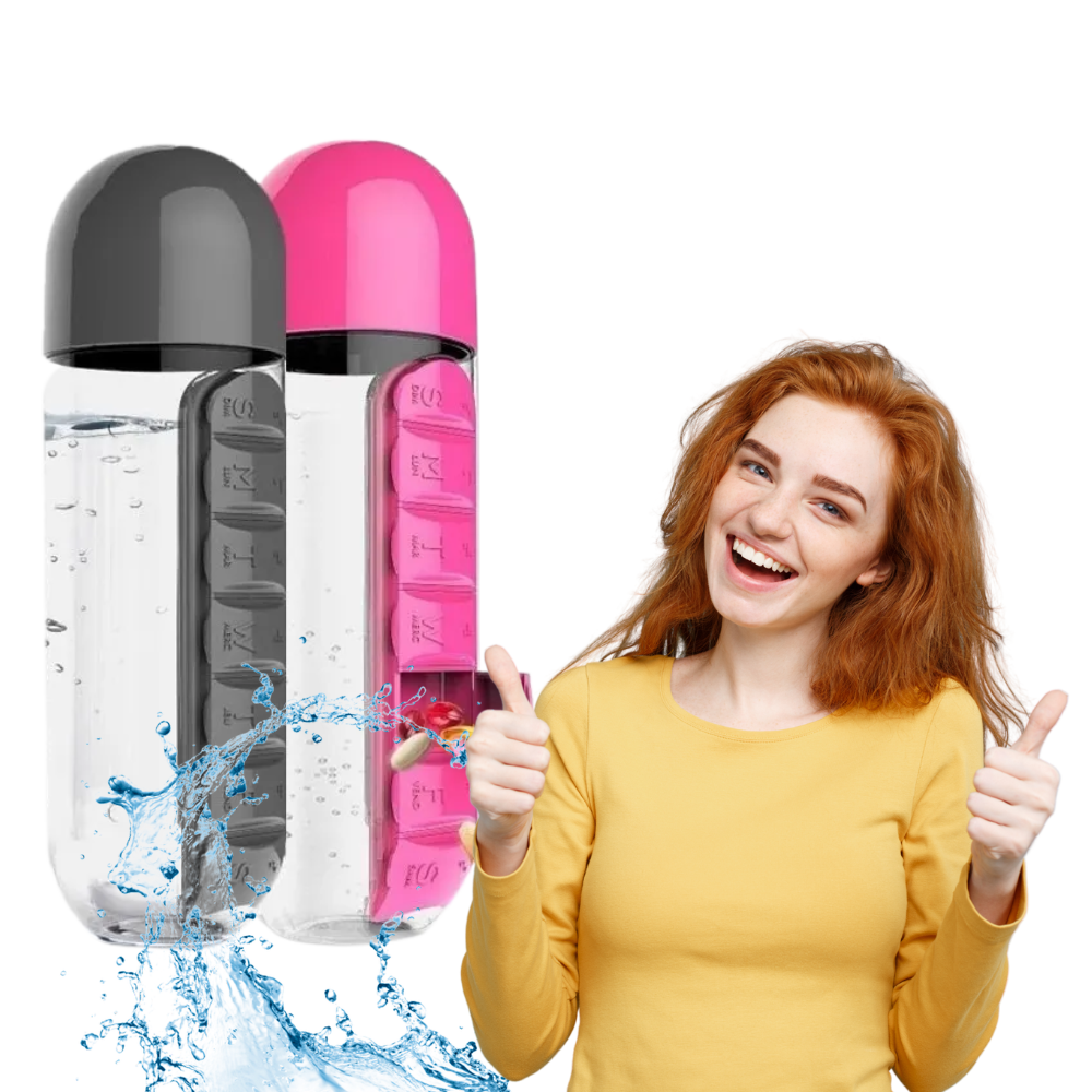 Bouteille d'eau en plastique avec pilulier