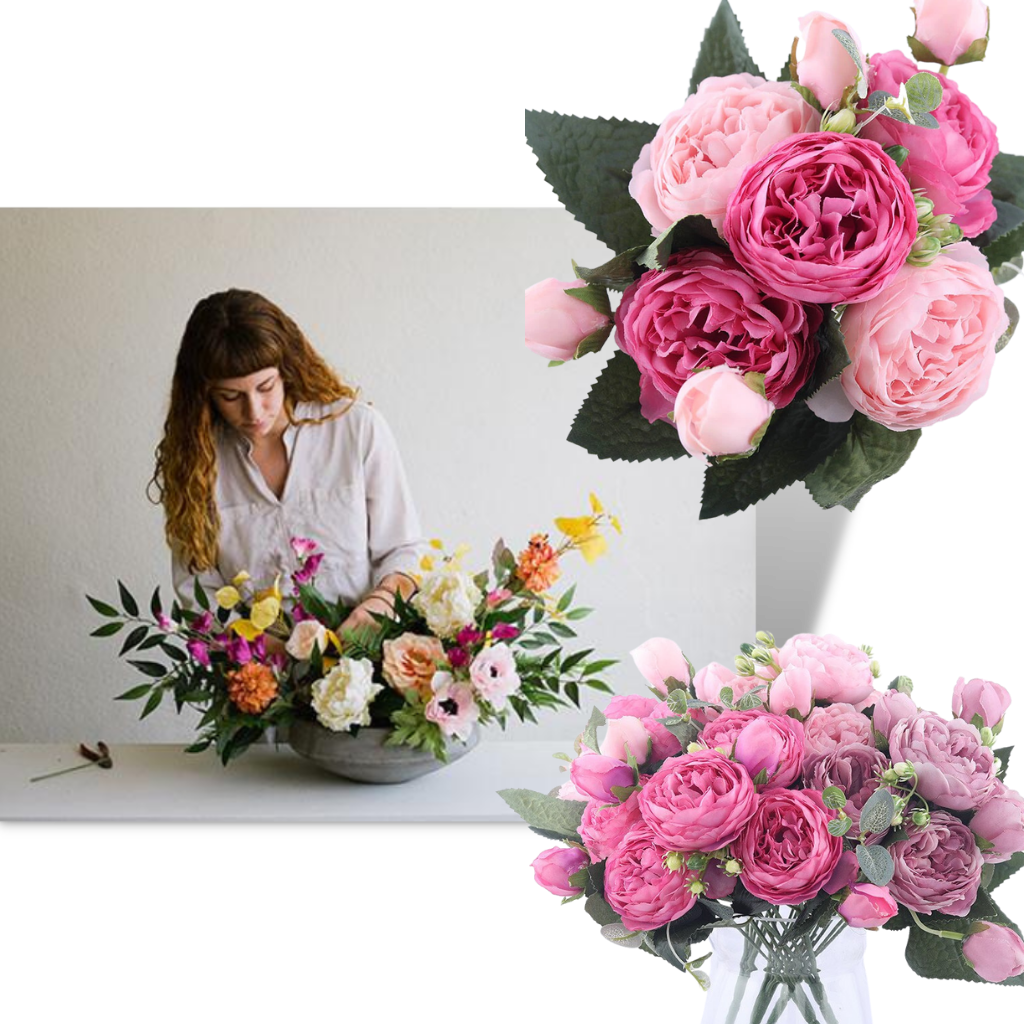 Bouquet de fleurs artificielles en soie, pivoines et roses