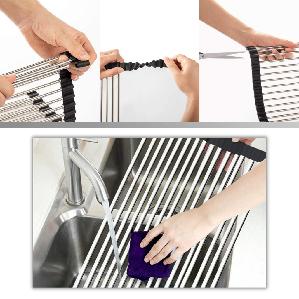 Egouttoir enroulable en acier inoxydable pour vaisselle et aliments