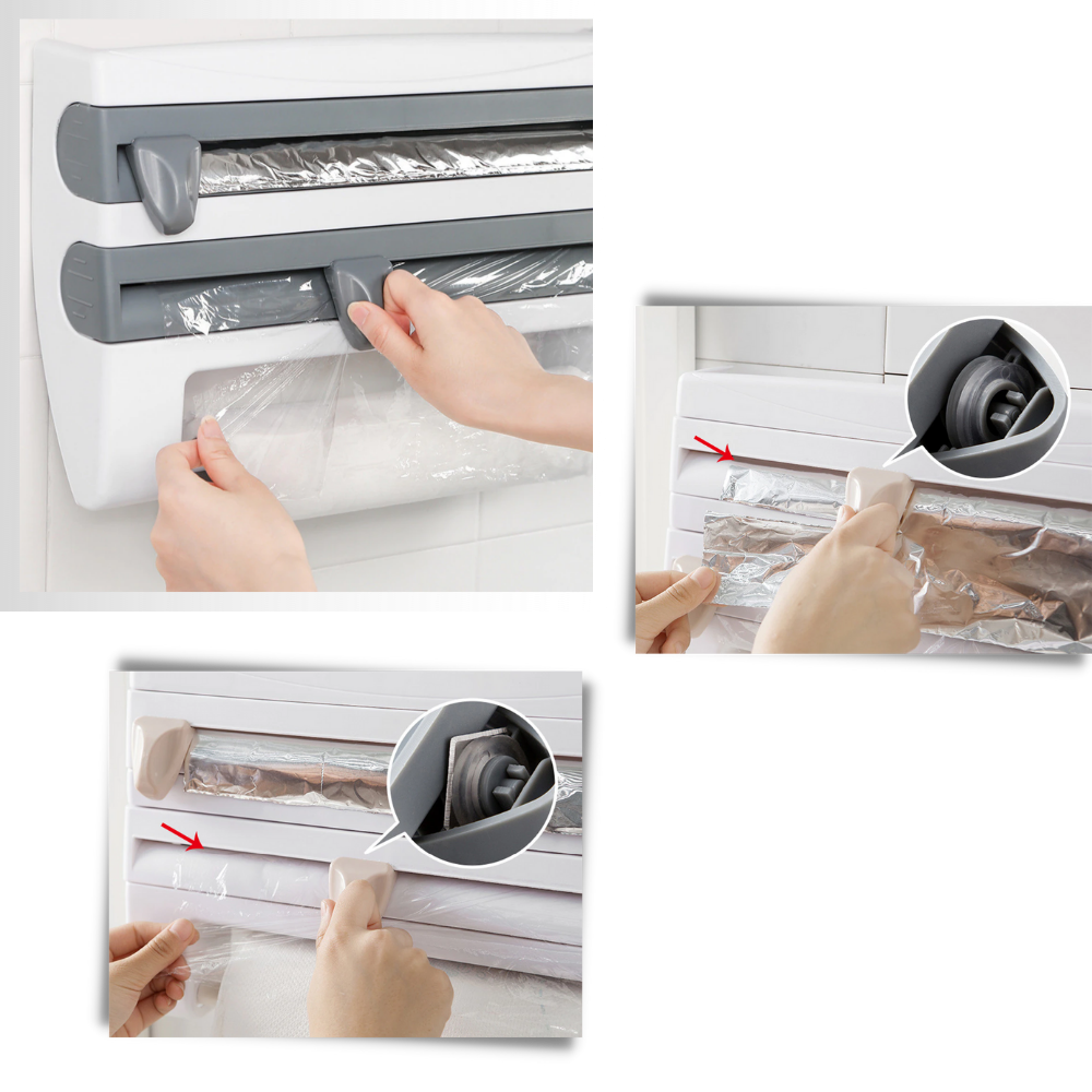 Support mural 4-en-1 pour film étirable et papier essuie-tout